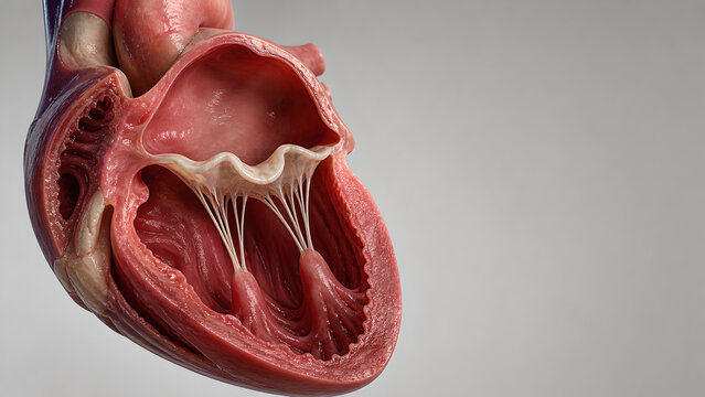 Mitral valve prolapse, leaflet billowing, left atrium, left ventricle, chordae tendineae, papillary muscles, heart cutaway, 3D anatomy, medical render