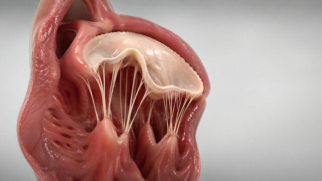 Mitral valve prolapse, leaflet billowing, left atrium, left ventricle, chordae tendineae, papillary muscles, heart cutaway, 3D anatomy, medical render