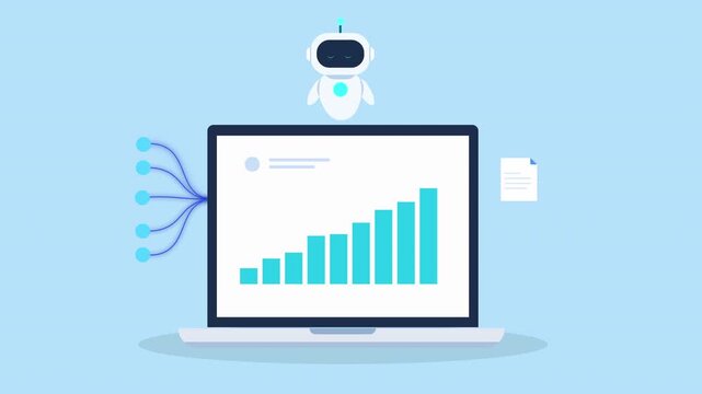 Animated laptop displaying rising data chart connected to cloud system with flowing lines and document icon, representing data management, analytics workflow, and digital processing.