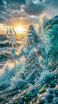 Lord Shiva formed from ocean waves holding his powerful sacred trident weapon