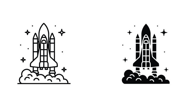 Space shuttle launch icon with stars in line art and solid black silhouette