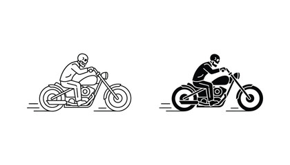 Skeleton biker riding classic chopper motorcycle represented in clean line art and solid black silhouette vector graphics for dark aesthetic apparel design or alternative lifestyle branding © Emma