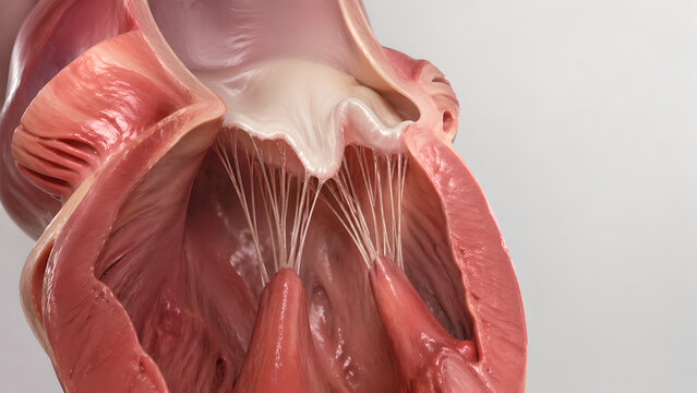 Mitral valve prolapse, leaflet billowing, left atrium, left ventricle, chordae tendineae, papillary muscles, heart cutaway, 3D anatomy, medical render