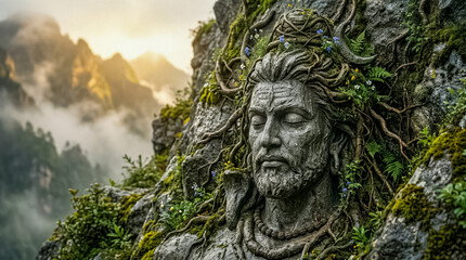 Fototapeta premium Majestic stone statue of Shiva carved into a cliff face adorned with vines