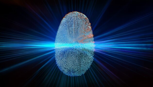 fingerprint illuminated by a laser beam against a dark background evoking security