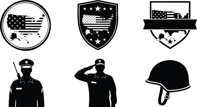 Patriotic collection of army soldiers and military shields with american flag map icons.