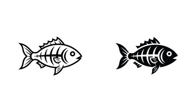Fish skeleton remains as a marine biology and food industry graphic icon set in black and white