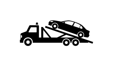Fototapeta premium Minimal black silhouette icon, simple flat vector, bold black shape, no, no shading flatbed tow truck icon on a, flat icon style