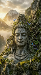 Obraz premium Serene stone statue of Lord Shiva adorned with moss and flowers in mountains.
