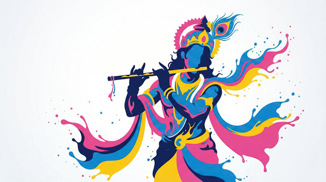 Vibrant abstract illustration of Lord Krishna playing flute in dynamic colorful splashes