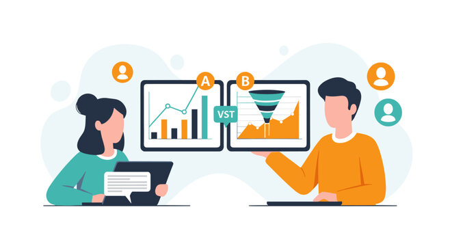 Business professionals comparing sales funnel performance against general growth charts on digital screens, with subtle user icons in the background, set against a light, abstract