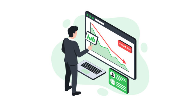 A man in a dark suit points at a computer screen with a sharp downward trending graph, bar chart, and an unsubscribe button displayed.