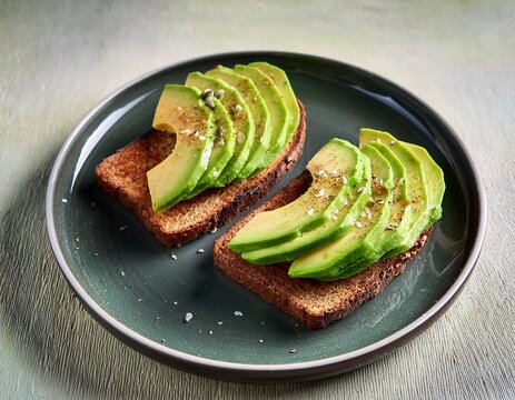 two slices of toasted bread topped with sliced avocado seasoned on a ceramic plate