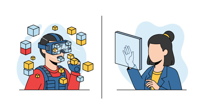 A person wearing a VR headset surrounded by floating 3D blocks beside a woman touching a clear glass interface panel in a clean modern split-screen vector illustration.