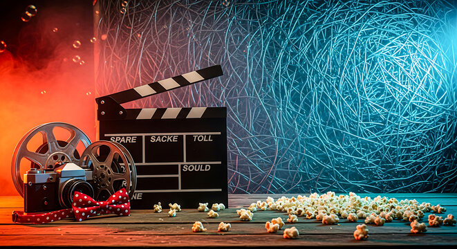 Miniature film clapper board with sound names on a colorful studio set