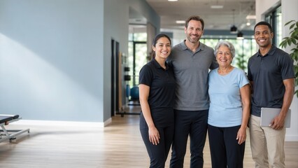 Fototapeta premium Physical Therapy Team and Client in a Wellness Facility with Soft Natural Lighting Encouraging Recovery and Health Improvement