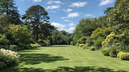 Fototapeta premium Expansive green lawn extending between vibrant garden borders with tall trees under a blue sky