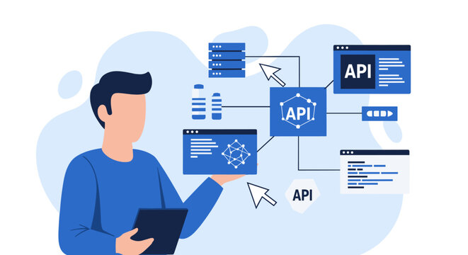 A programmer examines network architecture and API connectivity diagrams on a handheld tablet device while working in a modern virtual technology office environment.