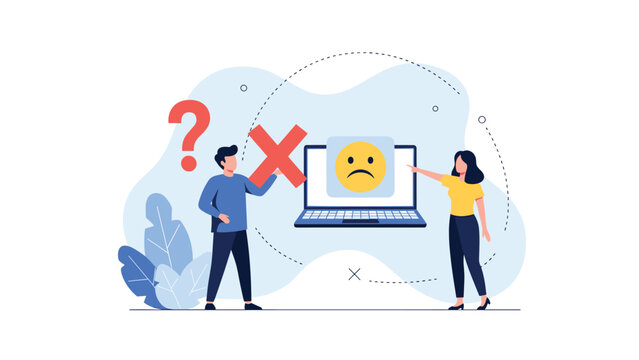 Man and woman looking at a laptop computer displaying a sad face icon and a large red cross mark indicating a technical error or failure.