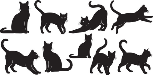 Cute cat silhouettes set with various poses including jumping stretching and walking © parvejstudio