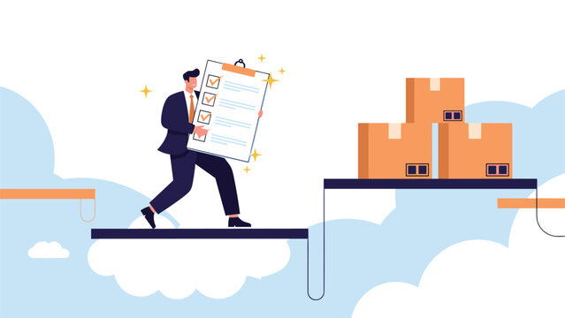 Determined businessman carrying a giant completed checklist across a bridge gap to reach a stack of delivered package shipping boxes.