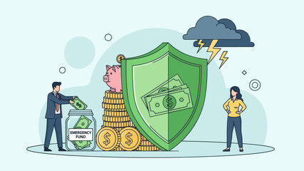 Man and woman saving money shield. © Sucang