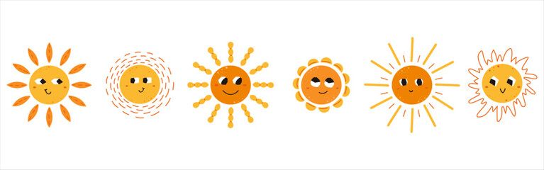 Cute hand-drawn sun characters set with funny faces, yellow and orange cartoon suns collection for kids nursery design, weather icons vector. © Марина Мигаль