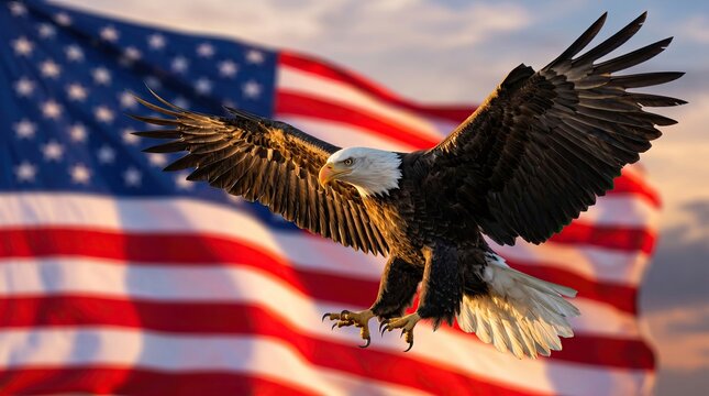 Memorial day tribute majestic bald eagle soaring before american flag