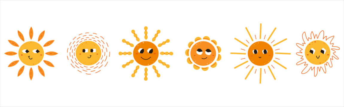 Cute hand-drawn sun characters set with funny faces, yellow and orange cartoon suns collection for kids nursery design, weather icons vector.
