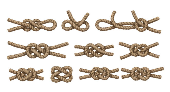 Variety of nautical rope knots closeup.