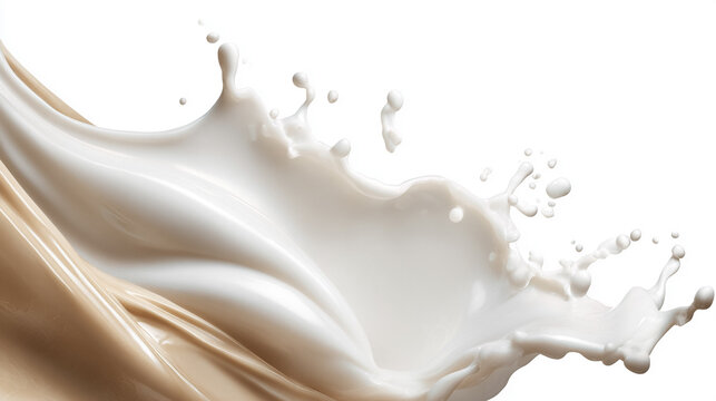 Creamy milk and coffee liquid splashing, swirling together creating dynamic flow on white background
