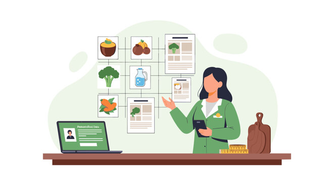 A female dietitian wearing a green blazer reviews a digital tablet while standing beside a grid of healthy food images and a laptop on a wooden desk surface area.