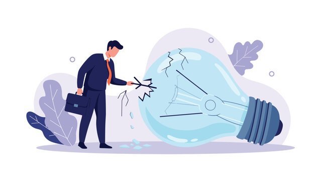 Businessman attempts to fix large cracked lightbulb with pliers in conceptual illustration of problem solving and ideas.