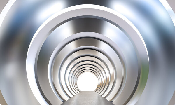 Futuristic silver tunnel with glowing light 3d