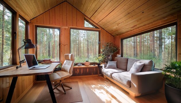 cozy wooden tiny house interior with a sofa desk skylight and large windows offering forest views natural light fills the room