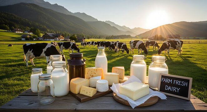 Fresh dairy products on table.
