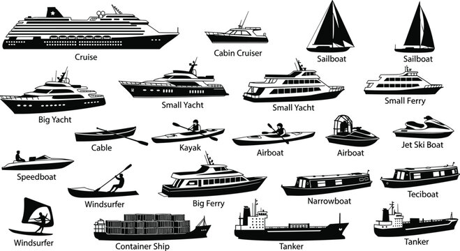 Collection of various boat and ship silhouettes including cruise liner yachts sailboats kayaks cargo ships and tankers isolated on white background.
