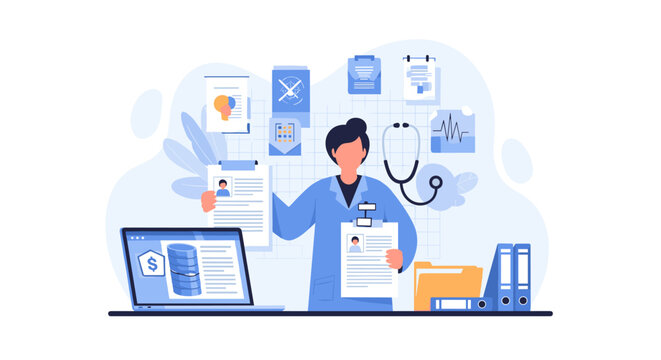 A male medical professional in a lab coat presents patient records while surrounded by floating health icons and a laptop on a desk.