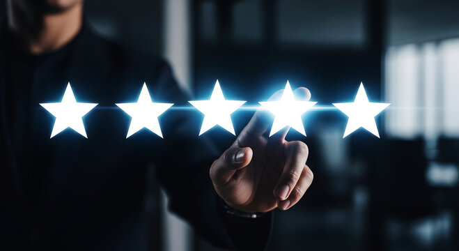 Person touching glowing white stars in a dark setting rating five