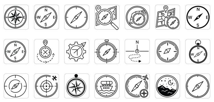 Collection of navigation icons and symbols including compasses maps and location markers
