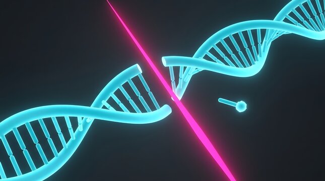 3D Render of Glowing Blue DNA Double Helix Cut by Pink Laser Beam for CRISPR Gene Editing and Genetic Mutation Concept