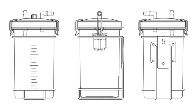 Suction jar medical device technical drawing blueprint front side top and internal cross sectional views line art vector