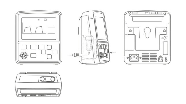 Capnograph medical device technical drawing blueprint front side top and internal cross sectional views line art vector