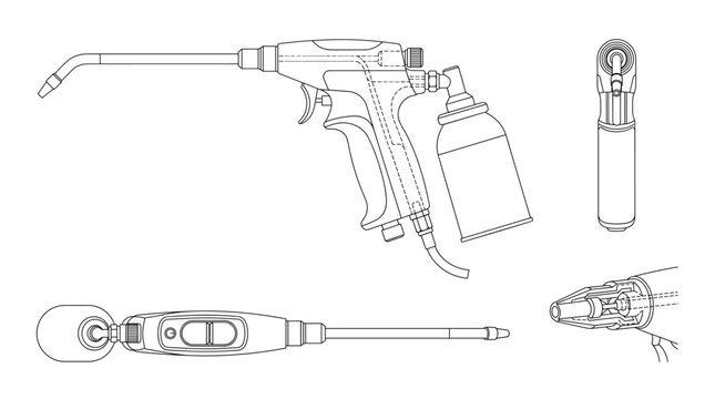 Cryosurgery device technical drawing blueprint front side top and internal cross sectional views line art vector