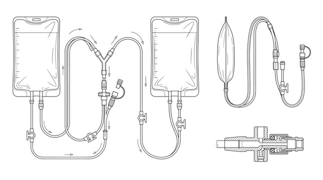 Peritoneal dialysis kit medical equipment Technical Drawing Blueprint with bag tubing and connectors line art