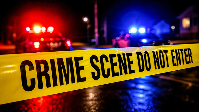 Crime scene tape with police lights in the background at night