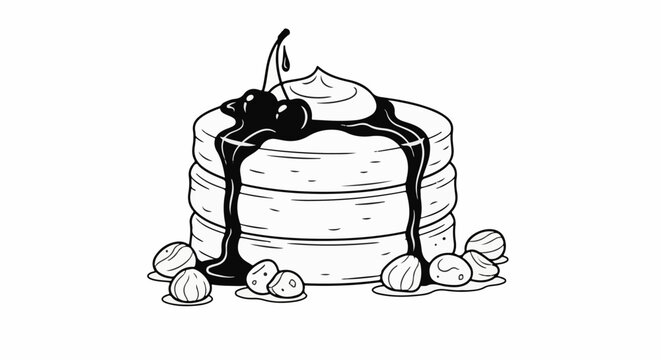 Stack of pancakes with chocolate syrup, whipped cream, cherries, and candies