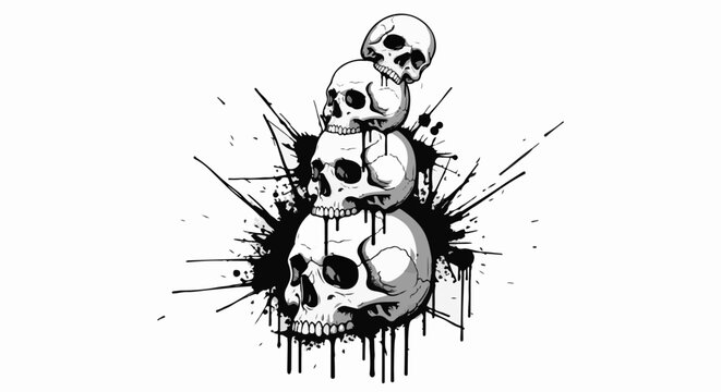 Stack of skulls with black ink splatters and drips