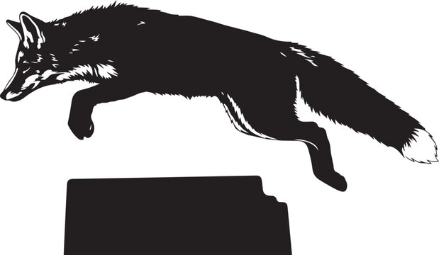 Black fox jumping over obstacle white silhouette