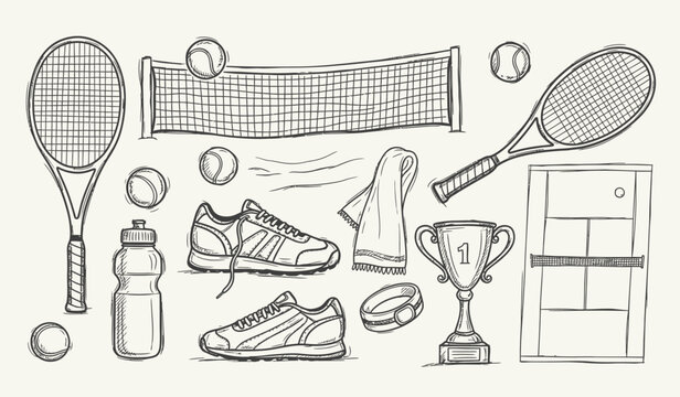 Tennis Equipment Sketch: A hand-drawn illustration depicts a collection of essential tennis gear, including racquets, balls, a net, shoes, a water bottle, a trophy, and a court diagram.